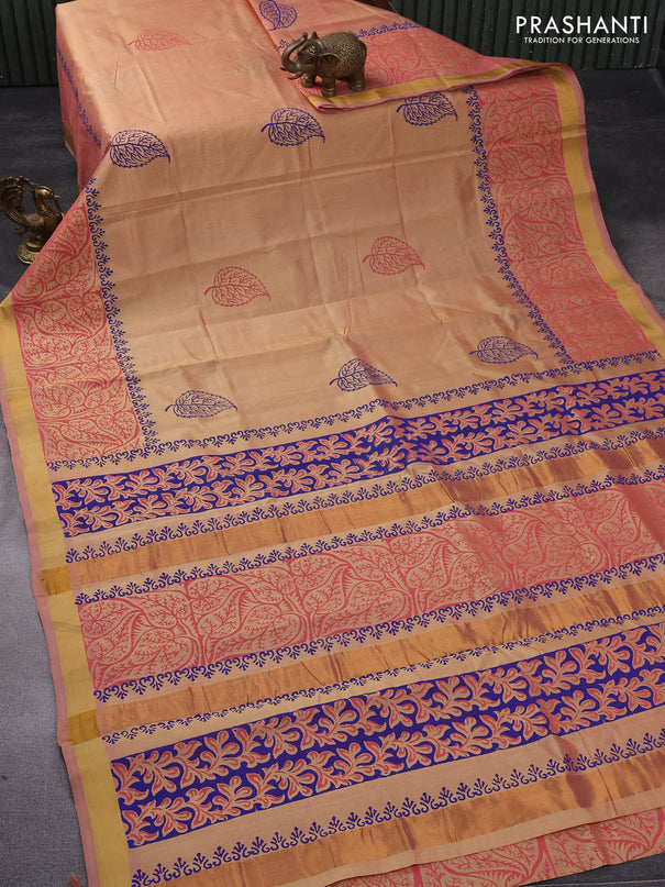 Silk cotton block printed saree sandal with leaf butta prints and zari woven border