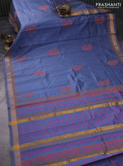 Silk cotton block printed saree grey with paisley butta prints and zari woven border