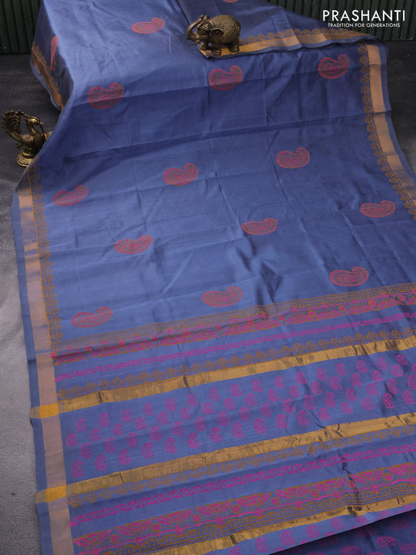 Silk cotton block printed saree grey with paisley butta prints and zari woven border