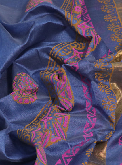 Silk cotton block printed saree grey with paisley butta prints and zari woven border