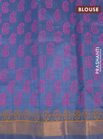 Silk cotton block printed saree grey with paisley butta prints and zari woven border