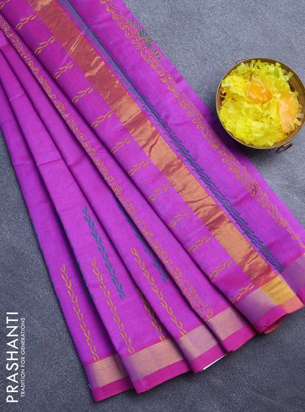 Silk cotton block printed saree purple with floral butta prints and zari woven border