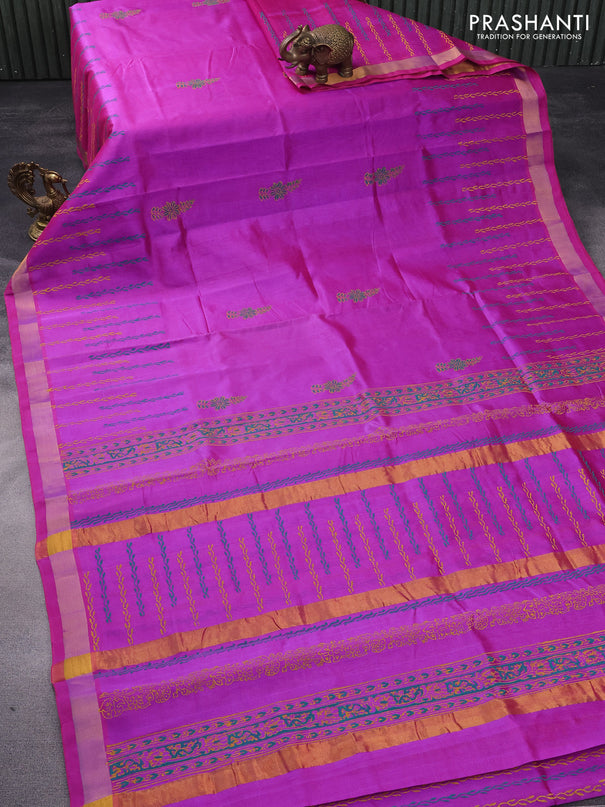 Silk cotton block printed saree purple with floral butta prints and zari woven border