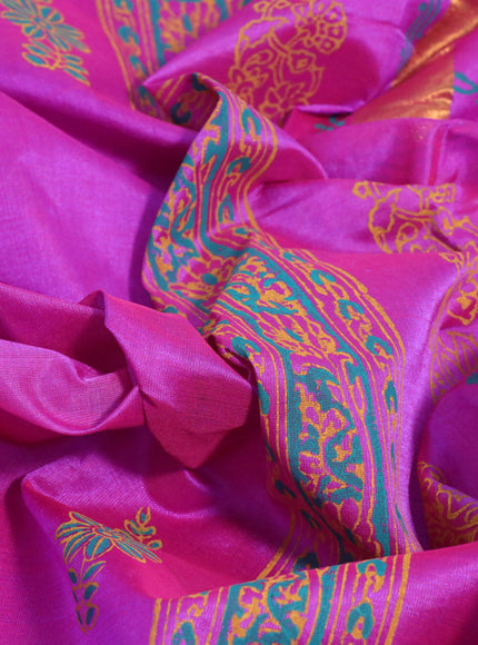 Silk cotton block printed saree purple with floral butta prints and zari woven border