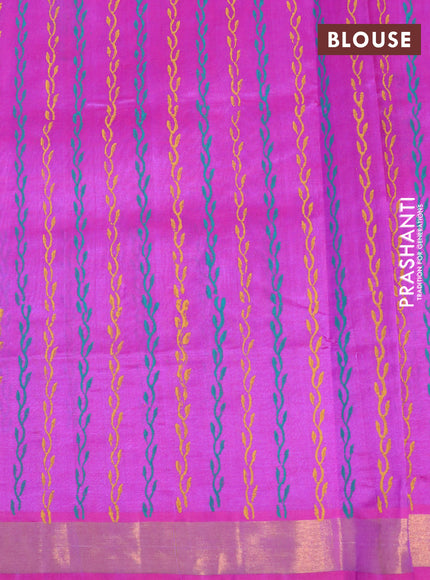 Silk cotton block printed saree purple with floral butta prints and zari woven border