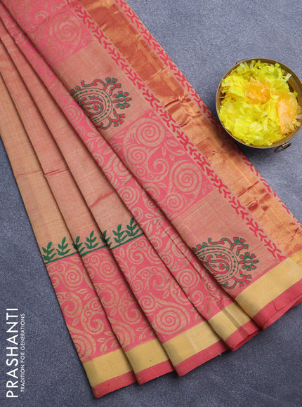 Silk cotton block printed saree dual shade of sandal and pink with paisley butta prints and zari woven border