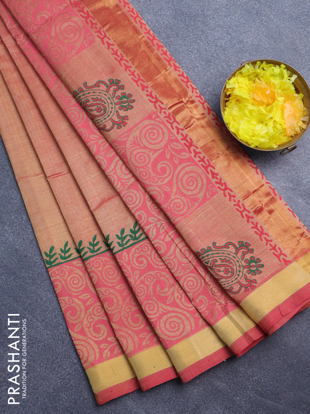 Silk cotton block printed saree dual shade of sandal and pink with paisley butta prints and zari woven border