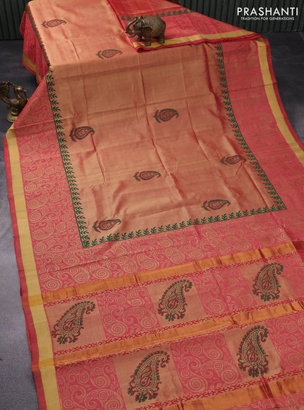 Silk cotton block printed saree dual shade of sandal and pink with paisley butta prints and zari woven border