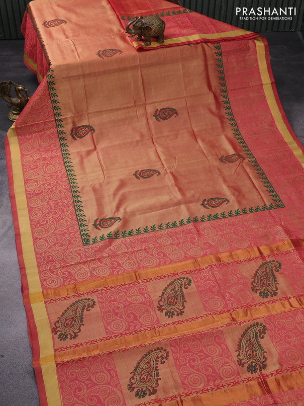 Silk cotton block printed saree dual shade of sandal and pink with paisley butta prints and zari woven border