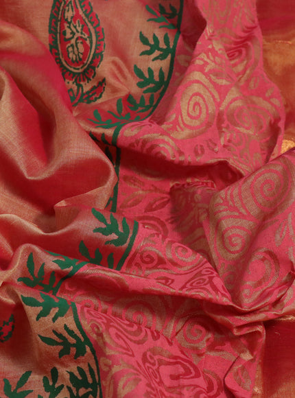 Silk cotton block printed saree dual shade of sandal and pink with paisley butta prints and zari woven border