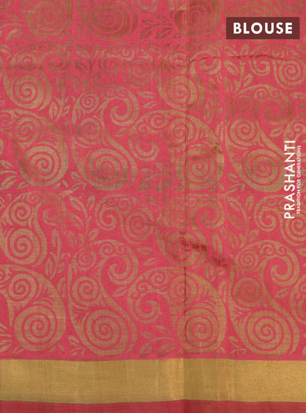 Silk cotton block printed saree dual shade of sandal and pink with paisley butta prints and zari woven border