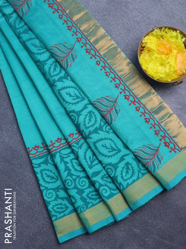 Silk cotton block printed saree teal blue with butta prints and zari woven border