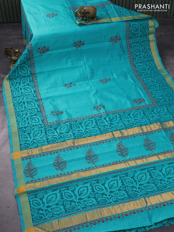 Silk cotton block printed saree teal blue with butta prints and zari woven border