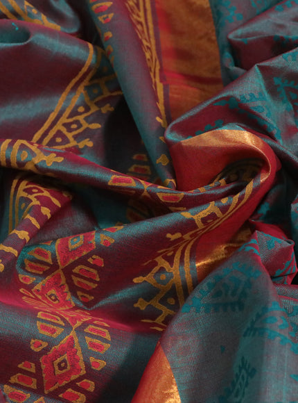 Silk cotton block printed saree dual shade of teal greenish maroon with butta prints and zari woven border