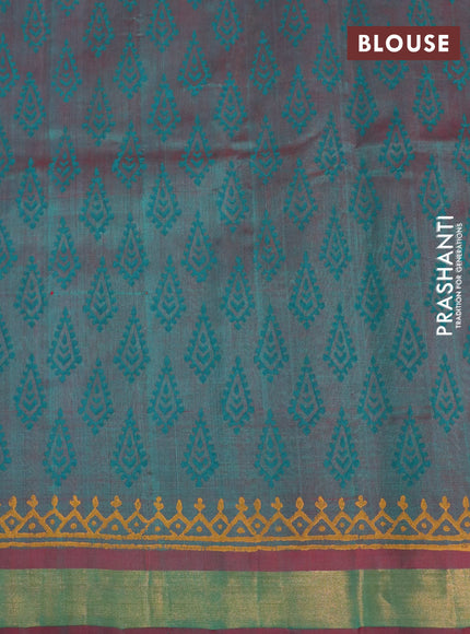 Silk cotton block printed saree dual shade of teal greenish maroon with butta prints and zari woven border