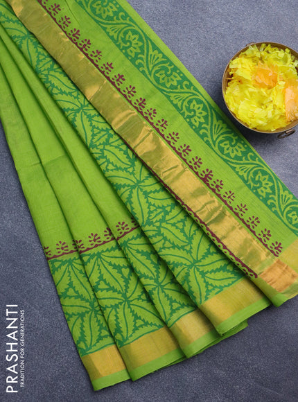 Silk cotton block printed saree light green with butta prints and zari woven border