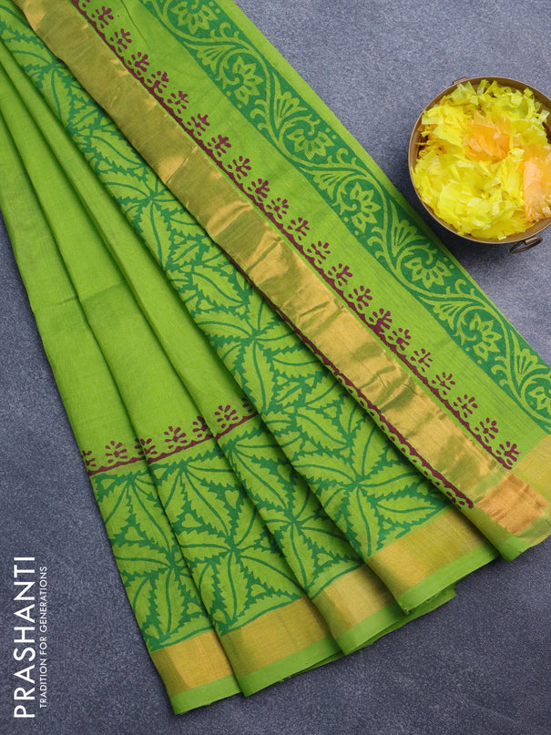 Silk cotton block printed saree light green with butta prints and zari woven border