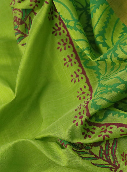 Silk cotton block printed saree light green with butta prints and zari woven border