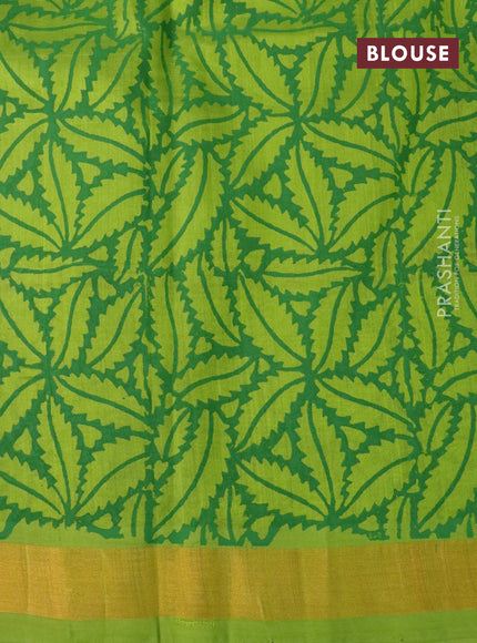 Silk cotton block printed saree light green with butta prints and zari woven border