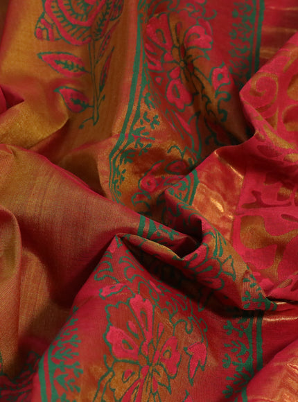 Silk cotton block printed saree dual shade of dark mustard with floral butta prints and zari woven border