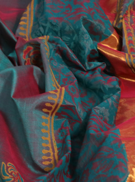 Silk cotton block printed saree dual shade of teal green and maroon shade with floral butta prints and zari woven border