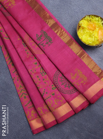 Silk cotton block printed saree pink shade with warli prints and zari woven border