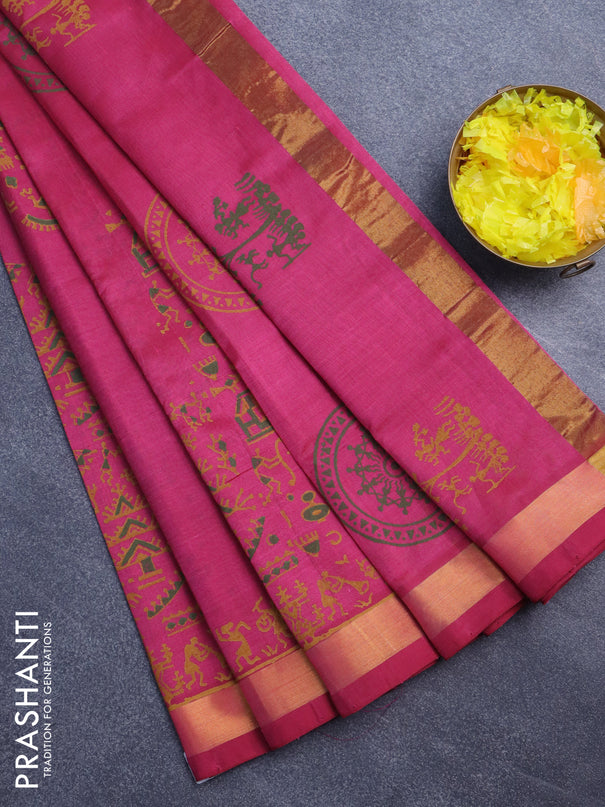 Silk cotton block printed saree pink shade with warli prints and zari woven border