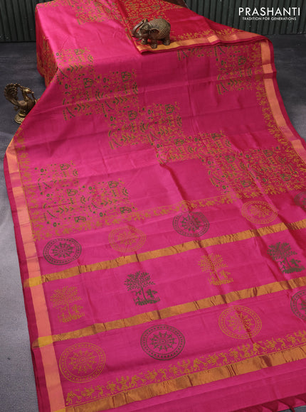 Silk cotton block printed saree pink shade with warli prints and zari woven border