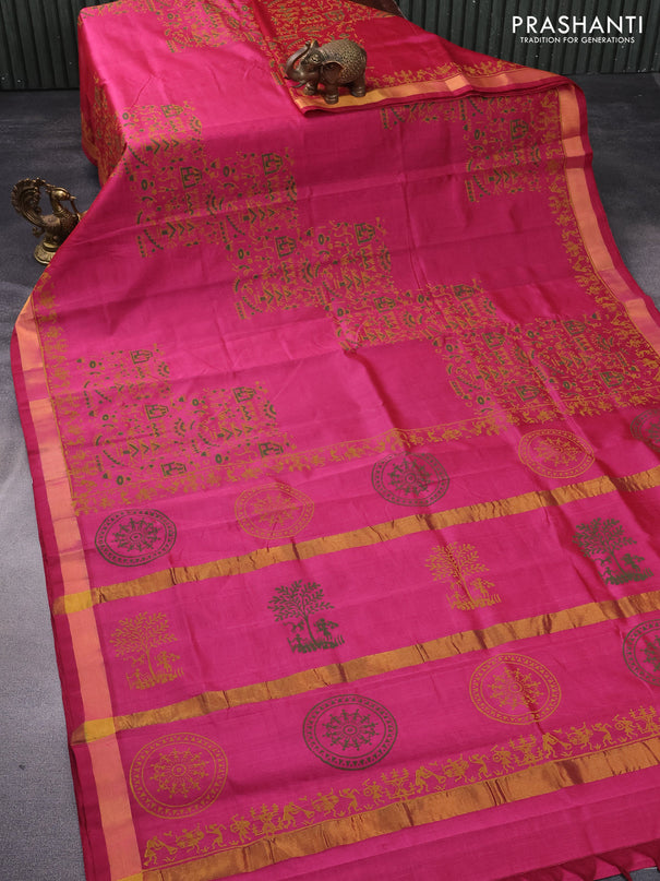 Silk cotton block printed saree pink shade with warli prints and zari woven border