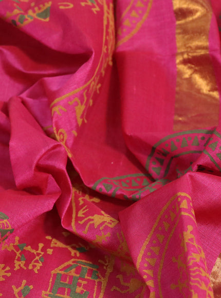 Silk cotton block printed saree pink shade with warli prints and zari woven border