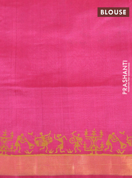 Silk cotton block printed saree pink shade with warli prints and zari woven border