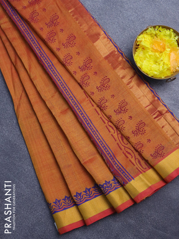 Silk cotton block printed saree dual shade of dark mustard with butta prints and zari woven border