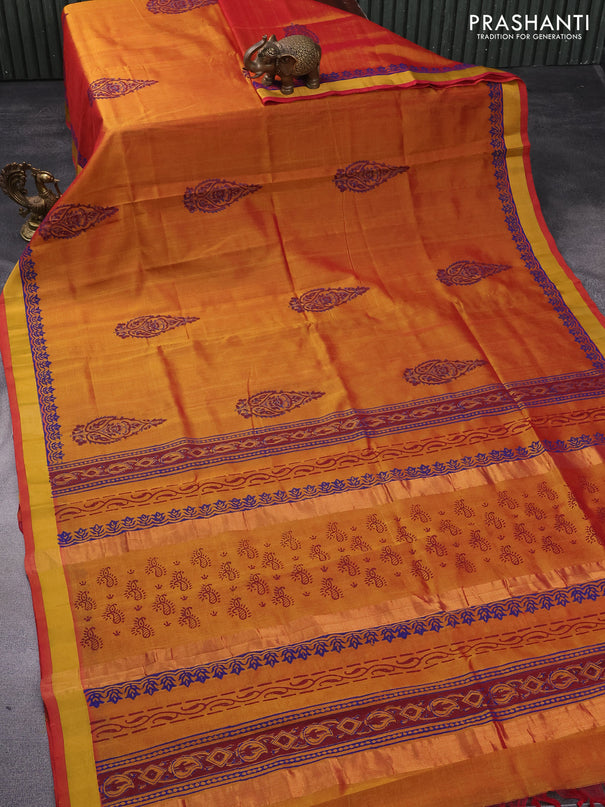 Silk cotton block printed saree dual shade of dark mustard with butta prints and zari woven border