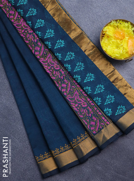 Silk cotton block printed saree peacock green with butta prints and zari woven border