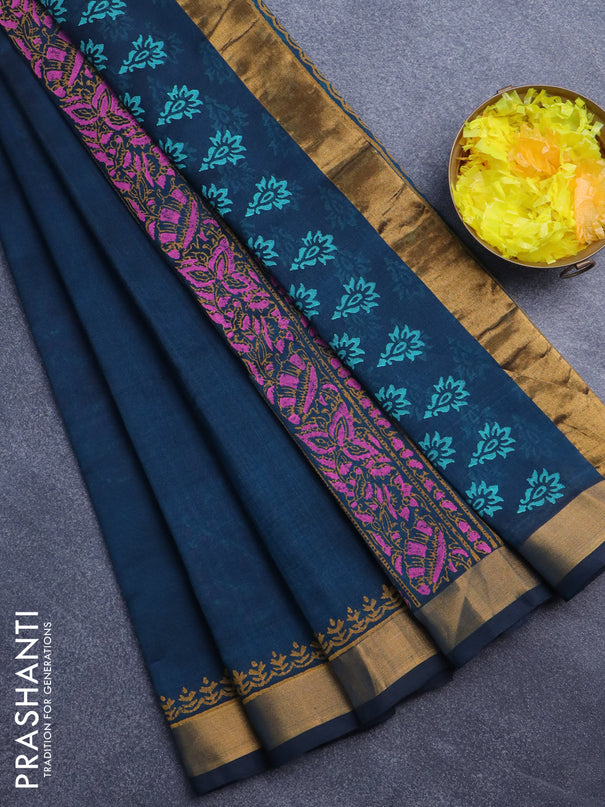 Silk cotton block printed saree peacock green with butta prints and zari woven border