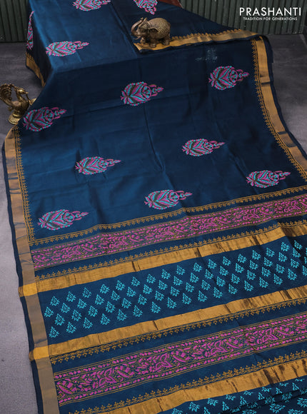 Silk cotton block printed saree peacock green with butta prints and zari woven border