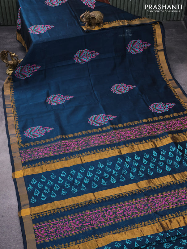 Silk cotton block printed saree peacock green with butta prints and zari woven border