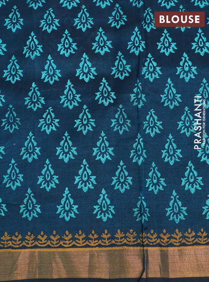 Silk cotton block printed saree peacock green with butta prints and zari woven border