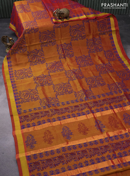 Silk cotton block printed saree dual shade of dark mustard with allover prints and zari woven border