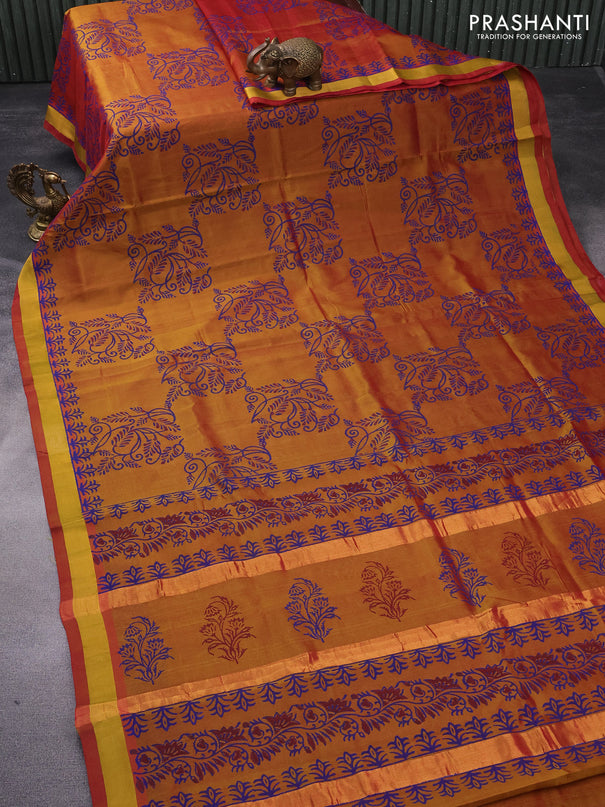 Silk cotton block printed saree dual shade of dark mustard with allover prints and zari woven border