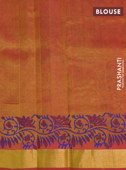 Silk cotton block printed saree dual shade of dark mustard with allover prints and zari woven border