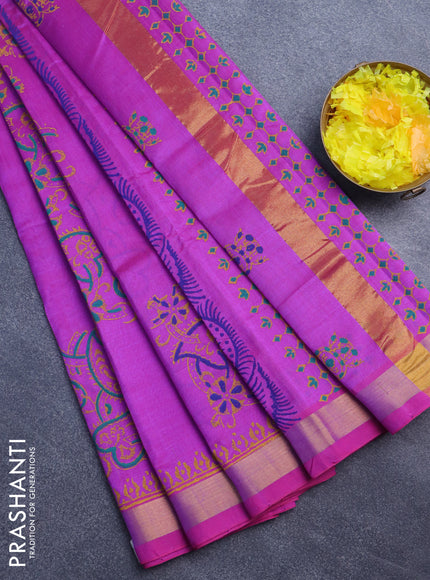 Silk cotton block printed saree purple with allover prints and zari woven border