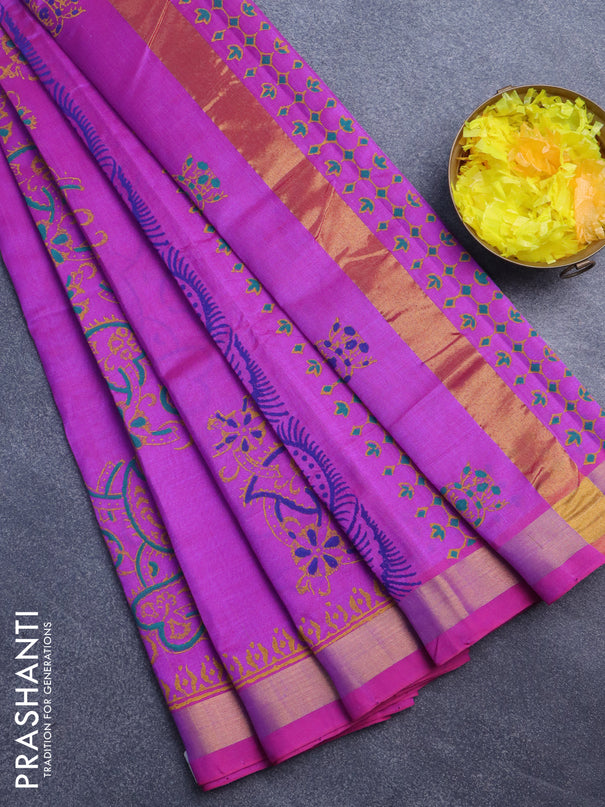 Silk cotton block printed saree purple with allover prints and zari woven border