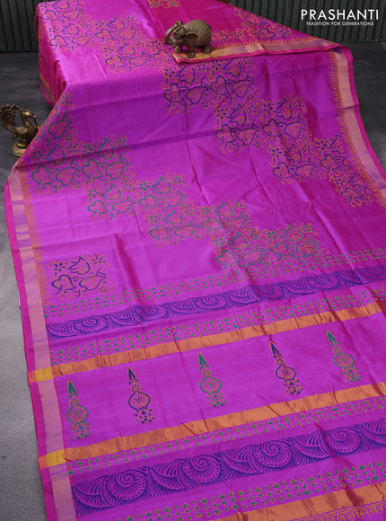 Silk cotton block printed saree purple with allover prints and zari woven border