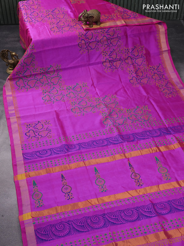 Silk cotton block printed saree purple with allover prints and zari woven border