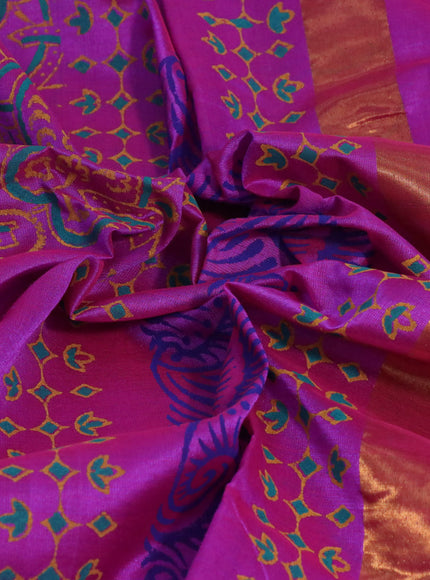 Silk cotton block printed saree purple with allover prints and zari woven border