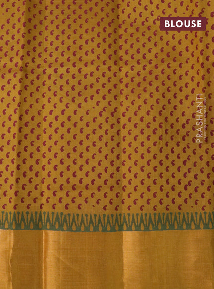 Silk cotton block printed saree dark mustard with paisley butta prints and zari woven border