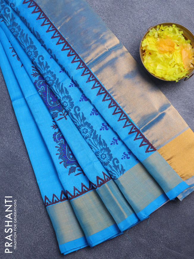 Silk cotton block printed saree cs blue with butta prints and zari woven border