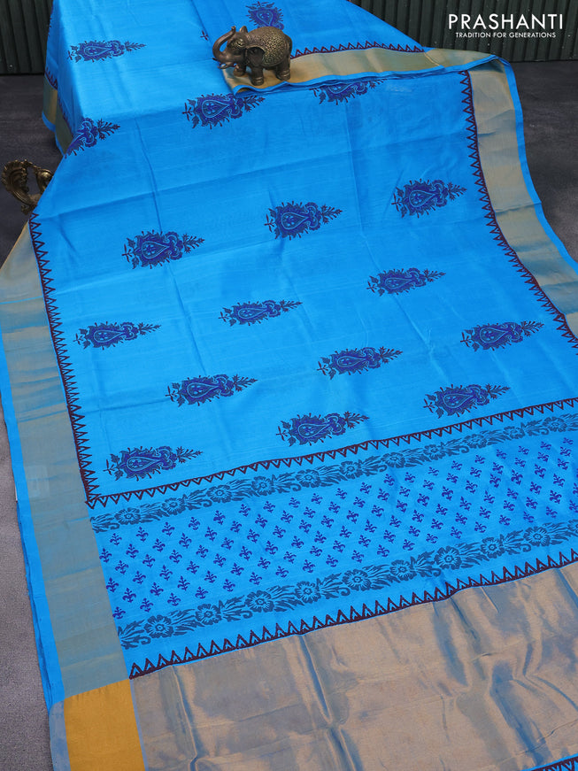 Silk cotton block printed saree cs blue with butta prints and zari woven border