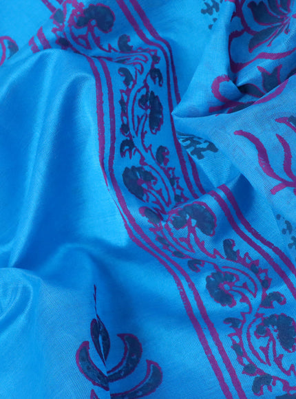 Silk cotton block printed saree cs blue with floral butta prints and zari woven border